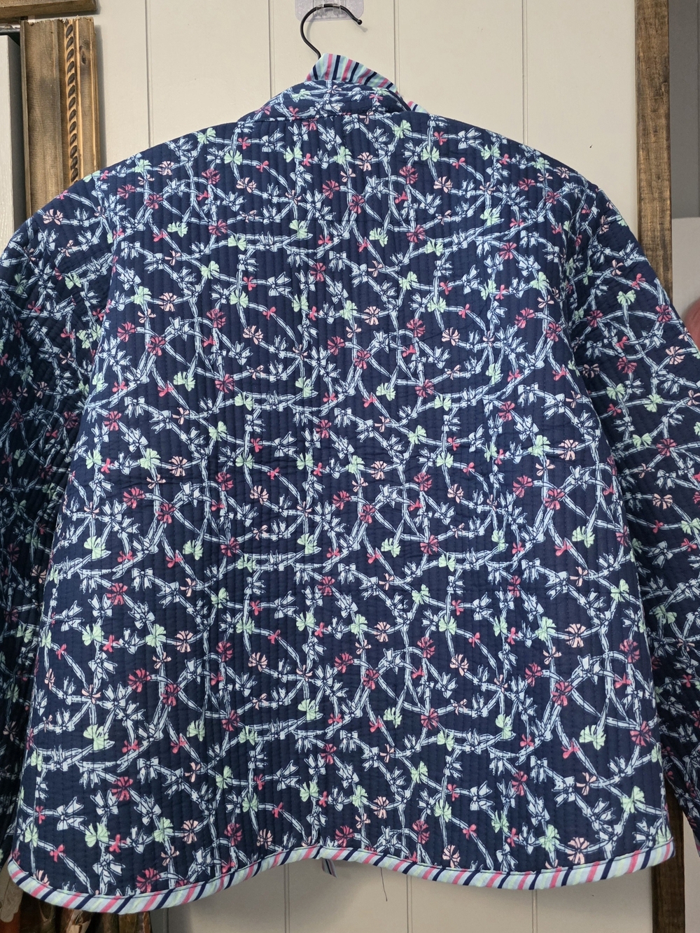Simply Southern Navy Floral Quilted Button-Down with Striped Ruffle TIE FRONT - Picture 9 of 10